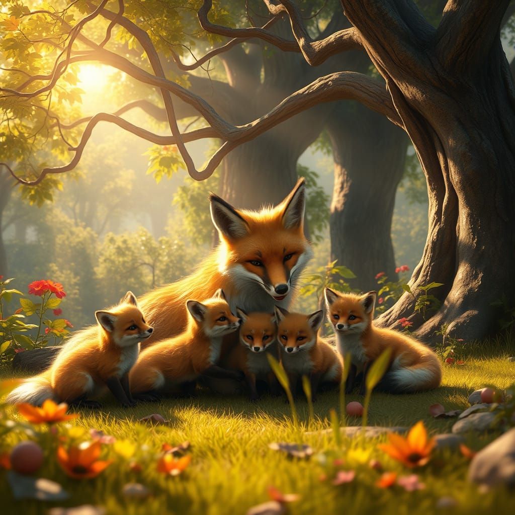 Mother Fox Plays with Her Kits in a Whimsical Forest Glade