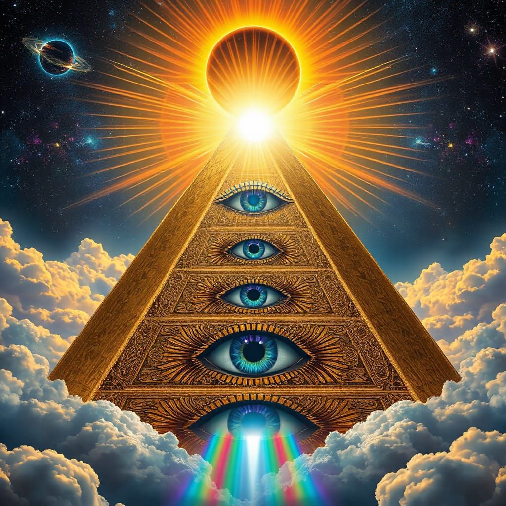 Golden Pyramid With Cosmic Eye Under Celestial Eclipse