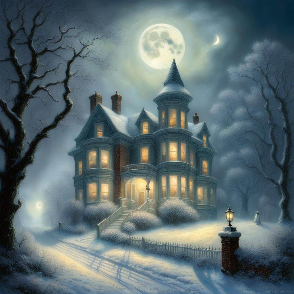 Victorian Manor in Blizzard Under Full Moon