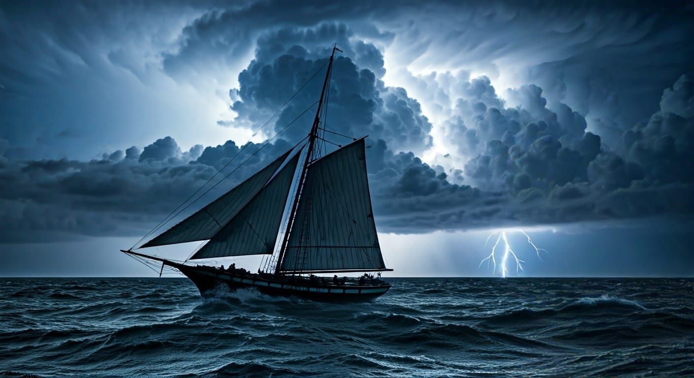 Sailboat in Stormy Sea with Lightning