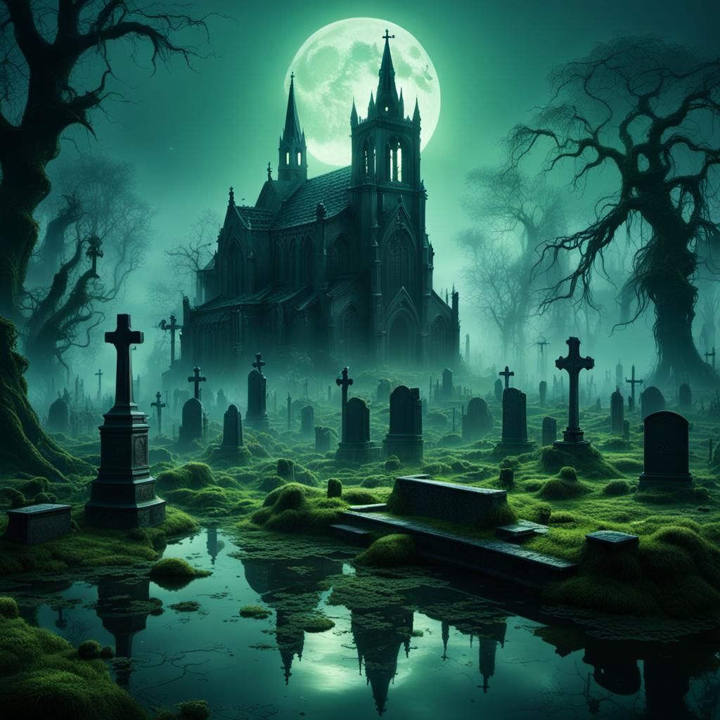 Swamp Cemetery: Misty Moonlight Ruined Church