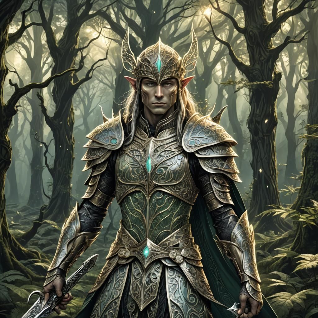 Elven Warrior in Forest with Glowing Sword