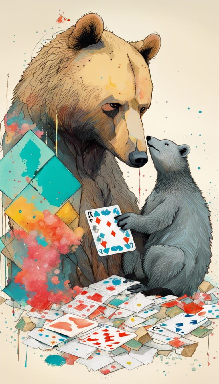 Bear and Goose Play Cards in Mixed Media Style