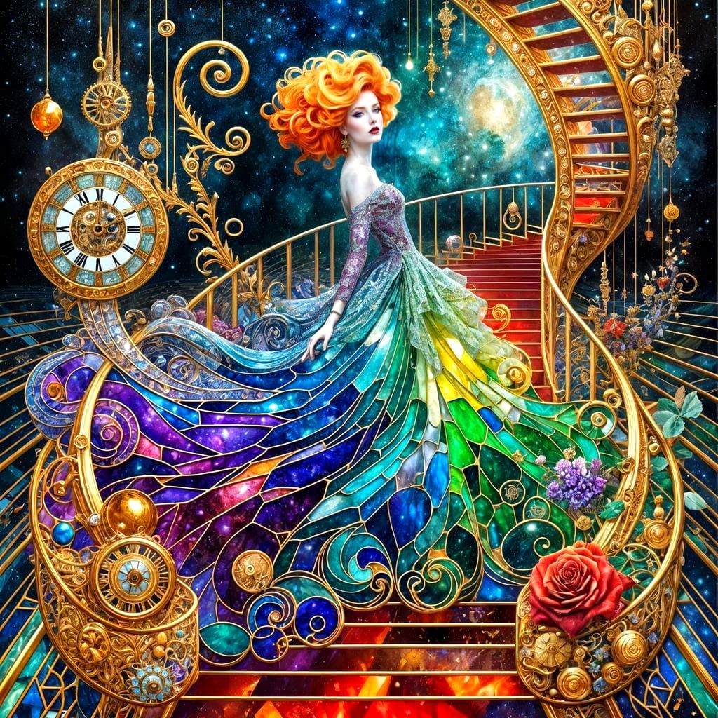 Surreal Goddess Descends Golden Staircase into Celestial Rea...