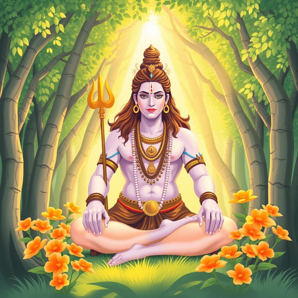 Lord Shiva in a Serene Sacred Grove Scene