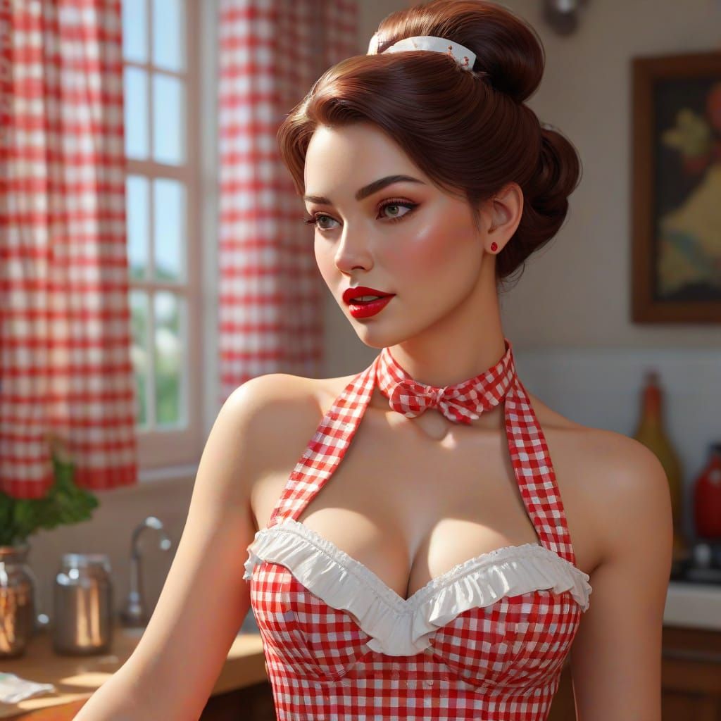Vintage Pin-Up Housewife in Gingham Dress, Retro Kitchen, Vi...