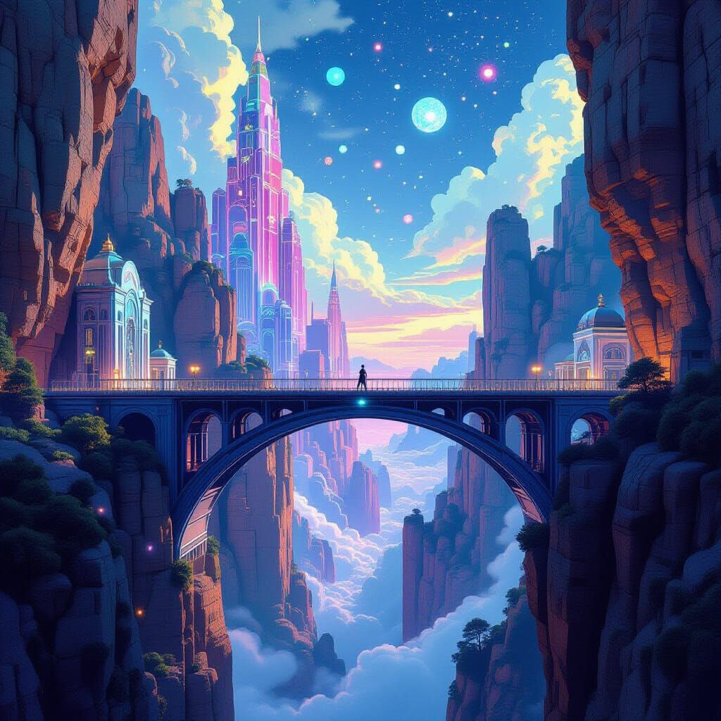 Surreal Cliff Palaces Connected by Mirror Bridge