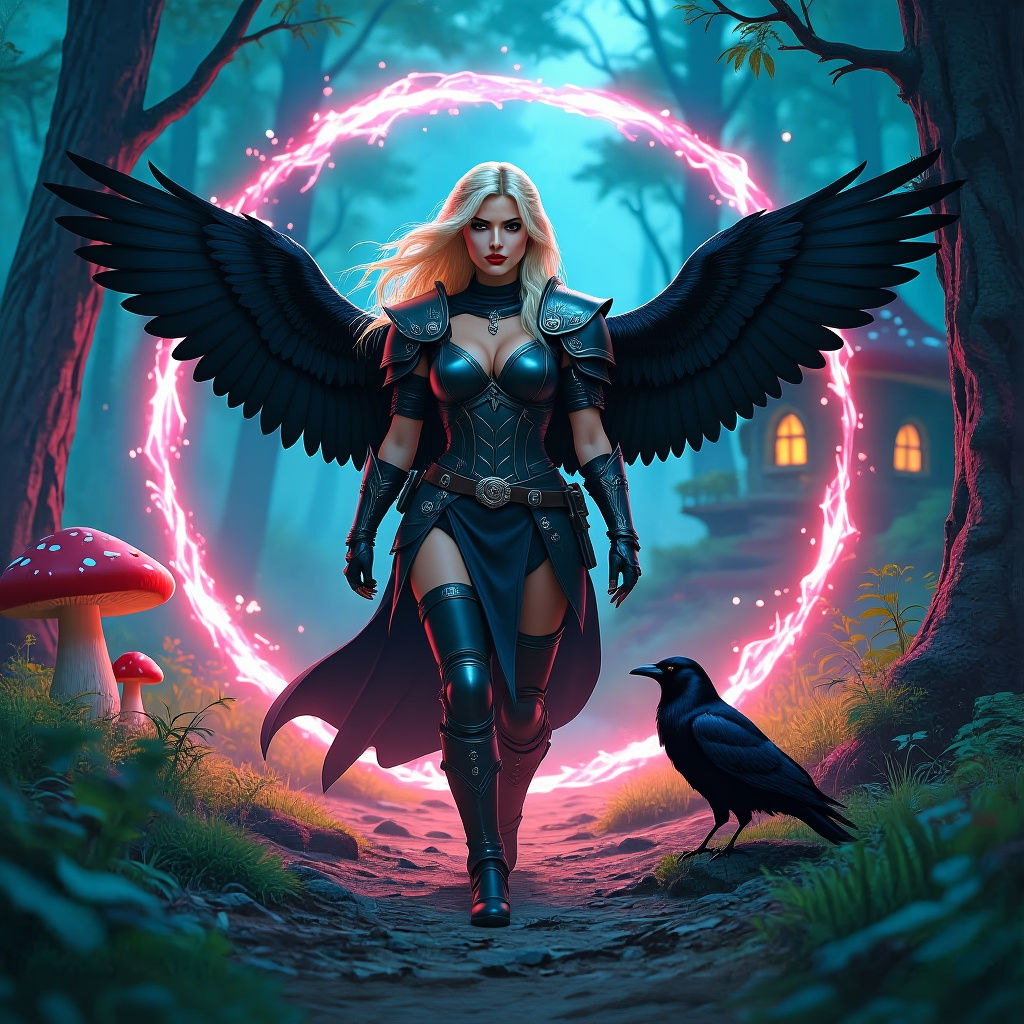 Valkyrie in Bioluminescent Forest with Mushroom House