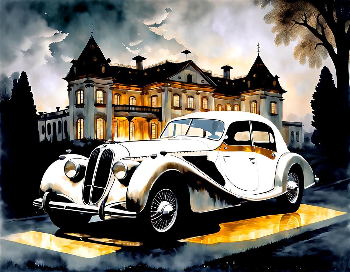 Classic Car in Double Exposure Silhouette Art