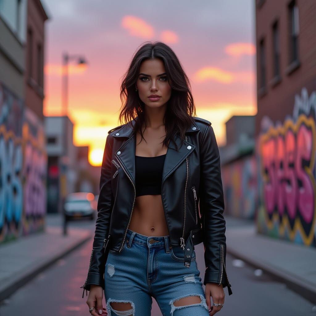 Rebellious Woman in Urban Sunset Street Art Style