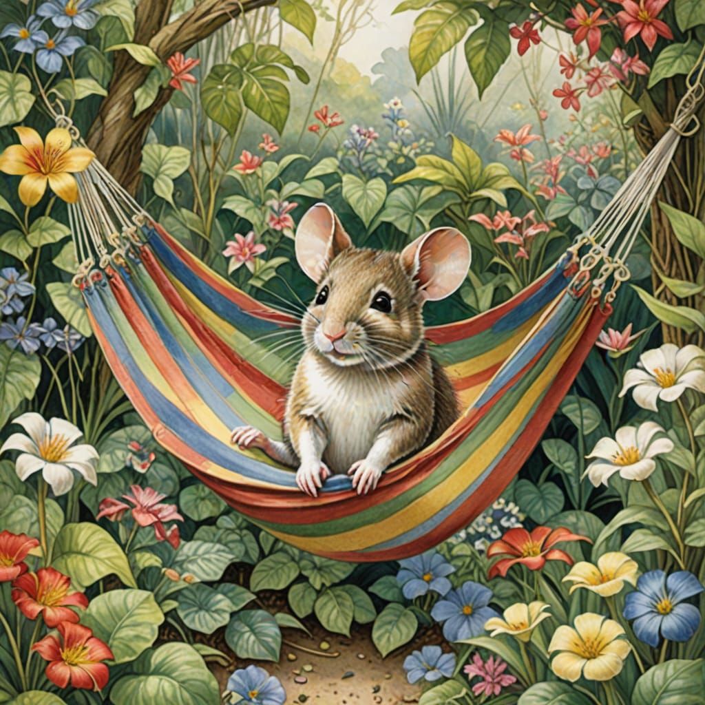 Whimsical Mouse in a Tropical Hammock Scene