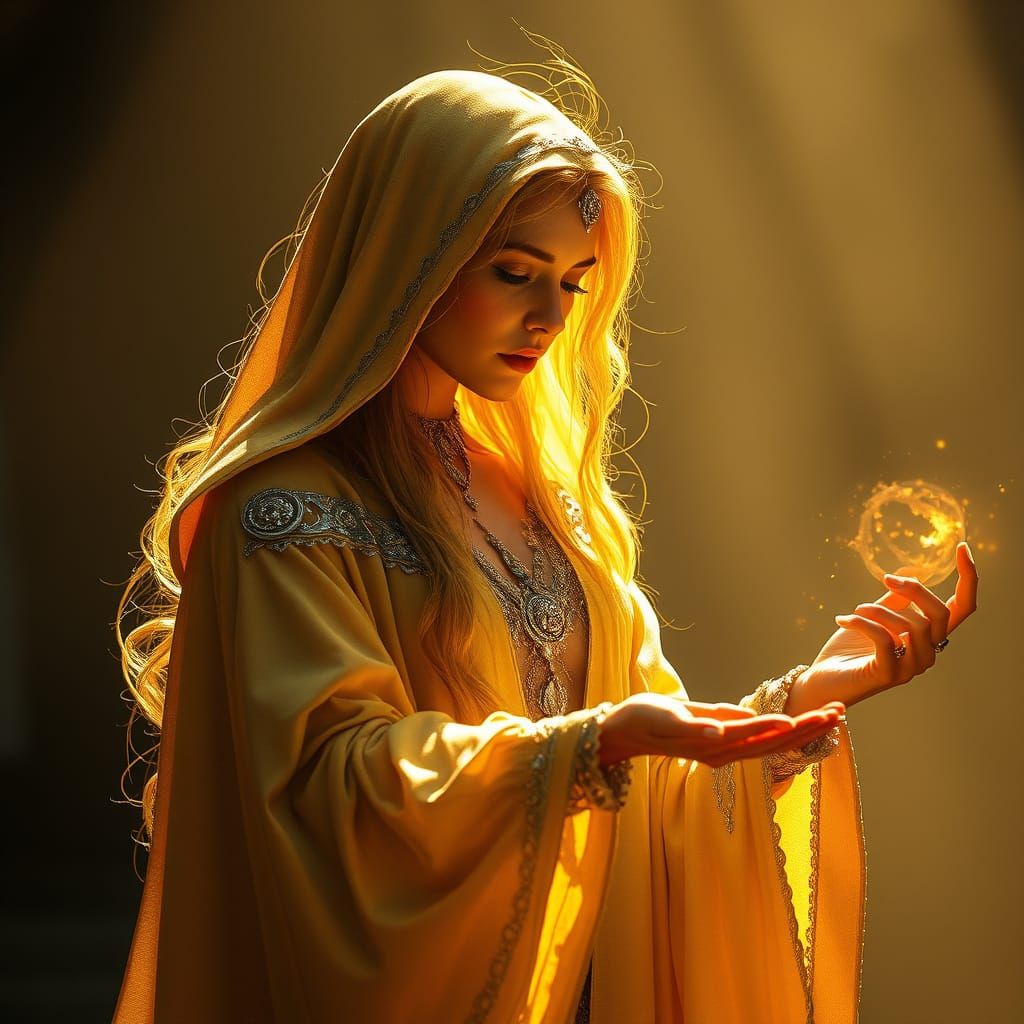 Mystical Enchantress Weaves Golden Magic at Sunset