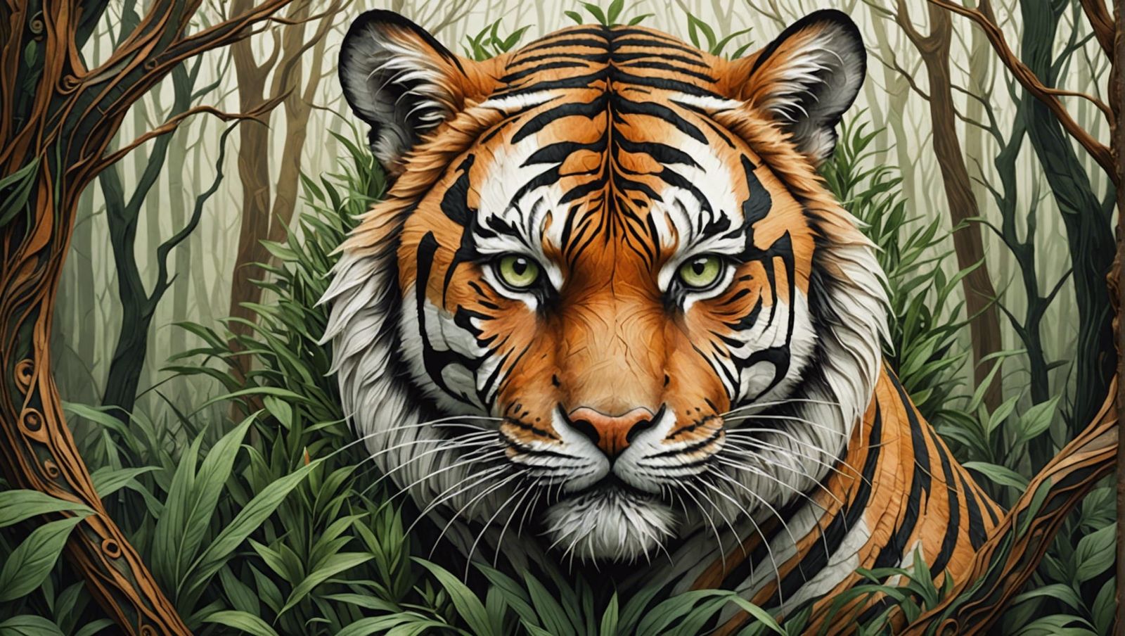 Surreal Tiger Portrait in Gloomy Forest