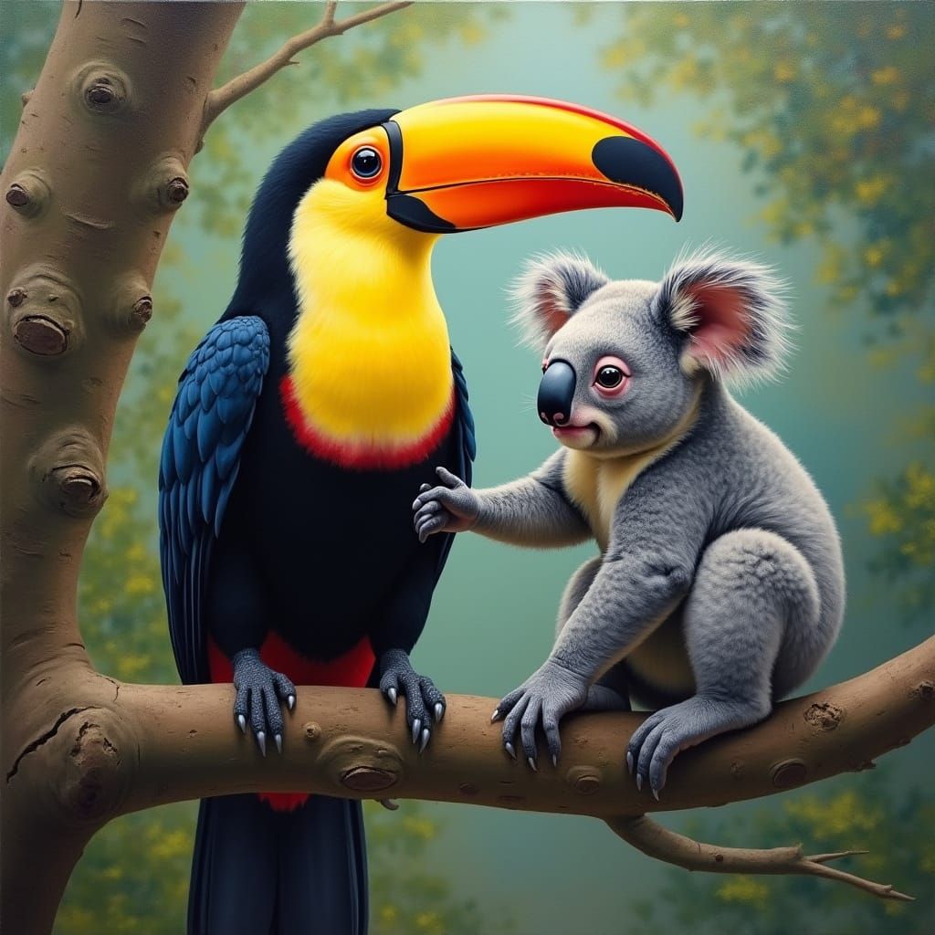 Tropical Bird in Harmony with a Koala in a Tree