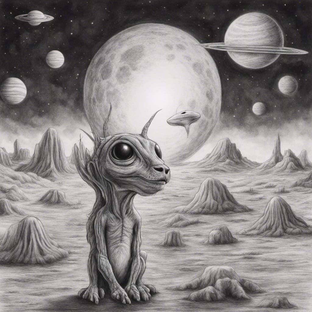 Alien and Pet: Hyperdetailed Charcoal Drawing