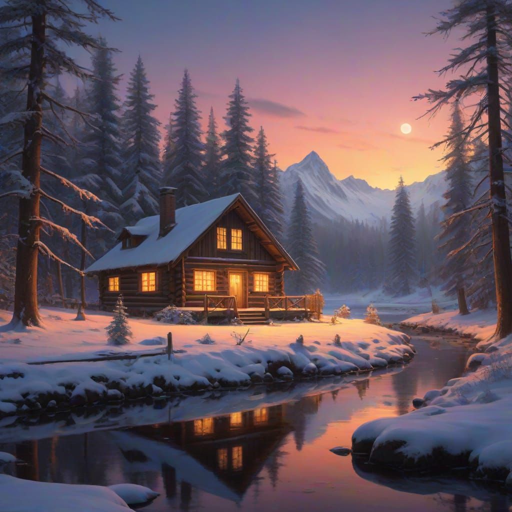 Snowy Forest at Twilight in Matte Painting Style