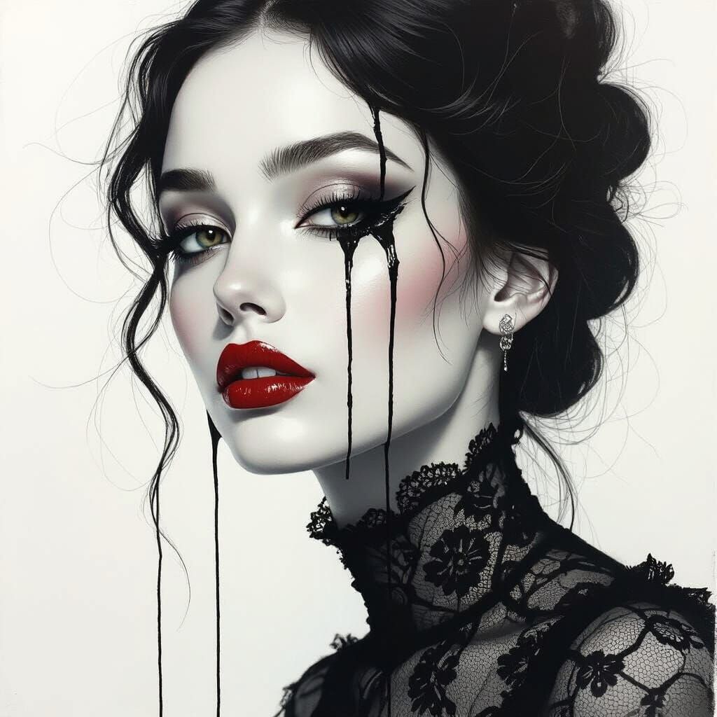 Abstract Figure with Paint Drips and Lace Patterns