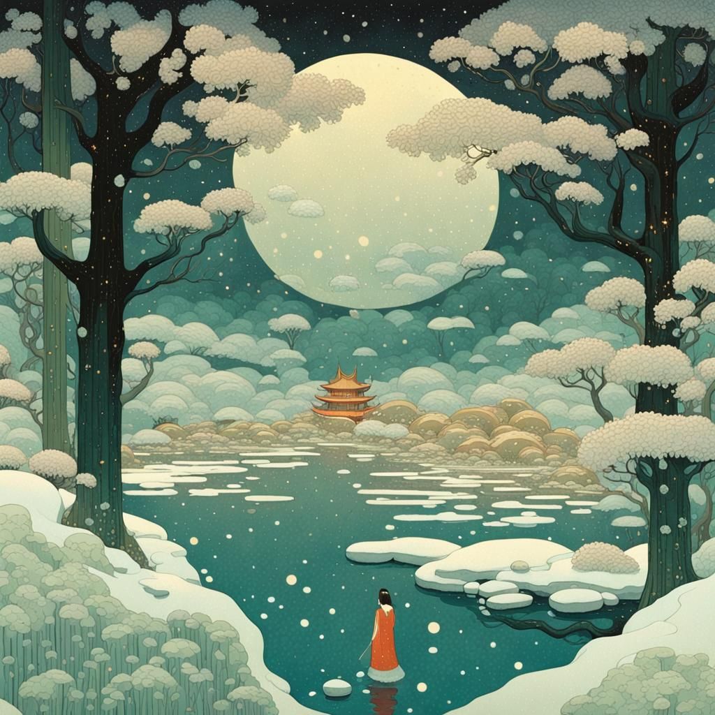 Surreal Nymph in Snowy Fantasy Landscape