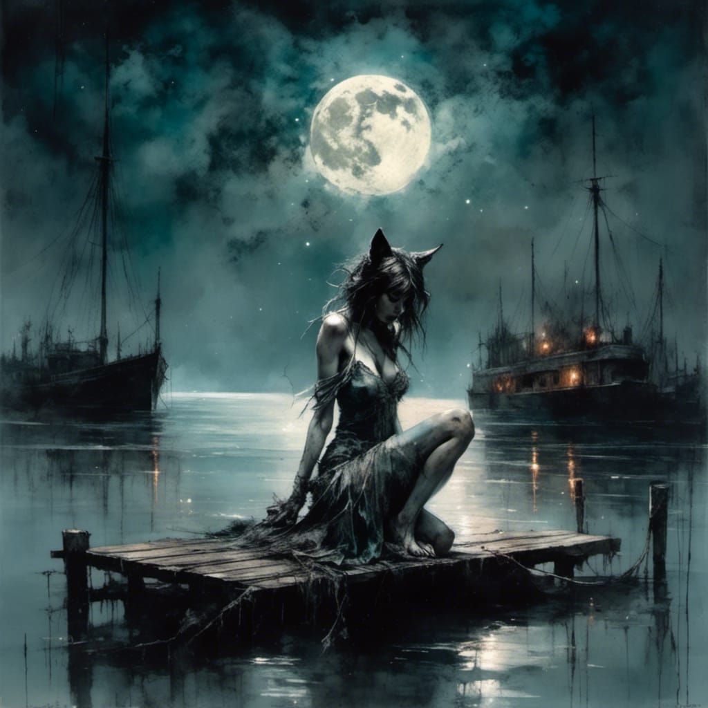 Werewolf Woman on Dock Under Moonlight
