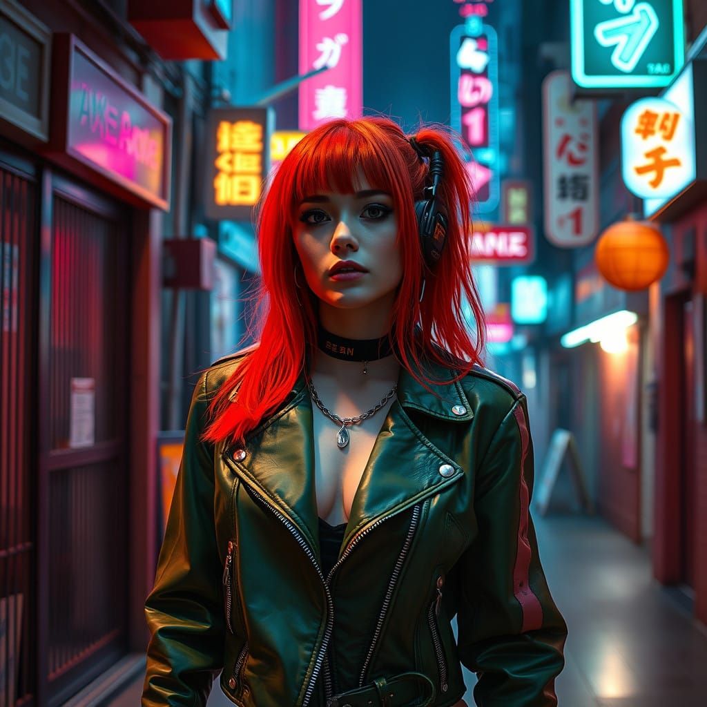 Cyborg Goddess in Retro Neon Alley