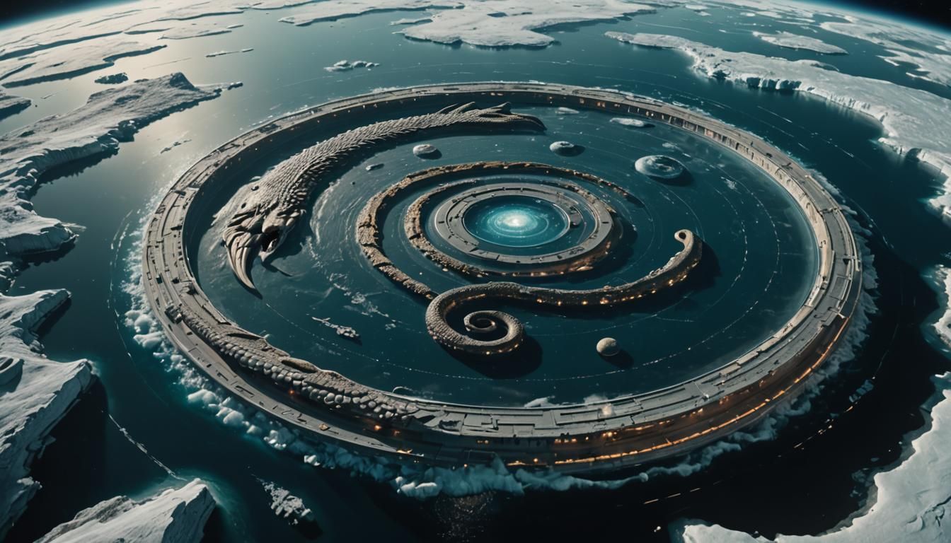 The Flat Earth shown spinning in orbit, all the continents are clearly visible along with an ice wall