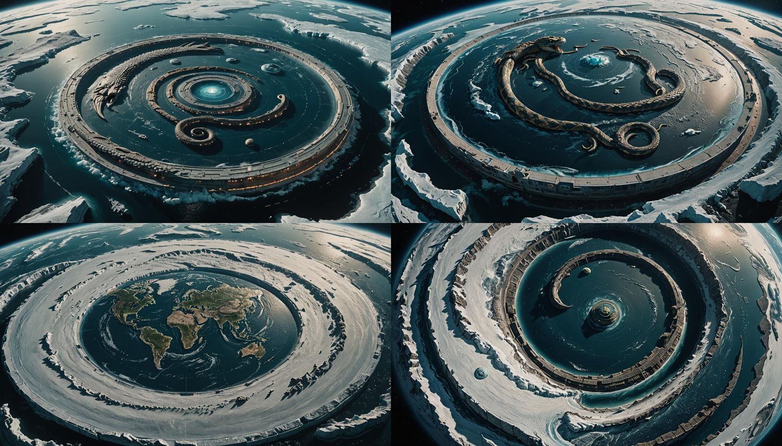The Flat Earth shown spinning in orbit, all the continents are clearly visible along with an ice wall