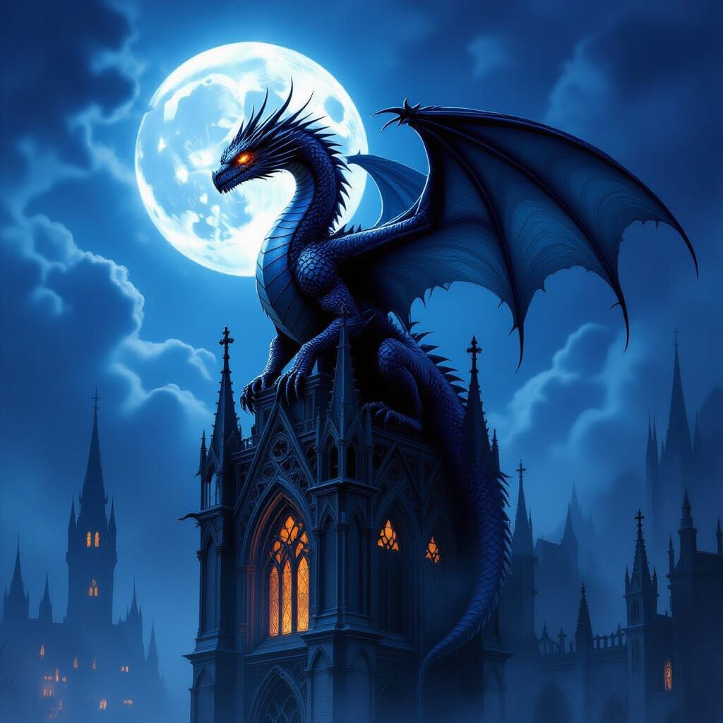 Obsidian Dragon on Gothic Spire Under Moonlight