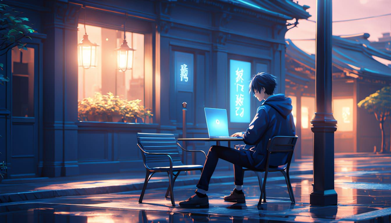 Serene Nighttime Scene of Young Man with Laptop in Urban Set...