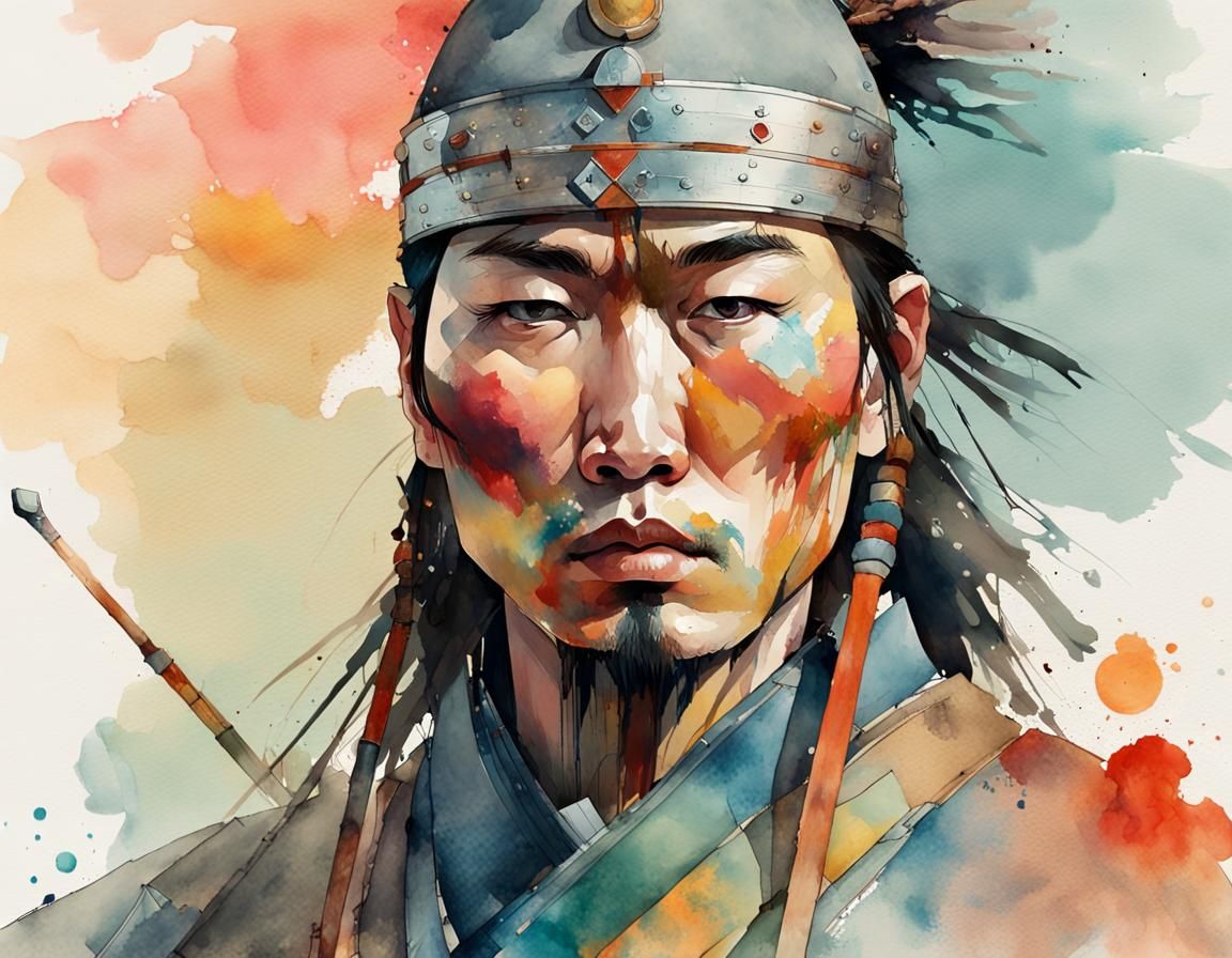 Mongol Warrior Portrait in Watercolor Style
