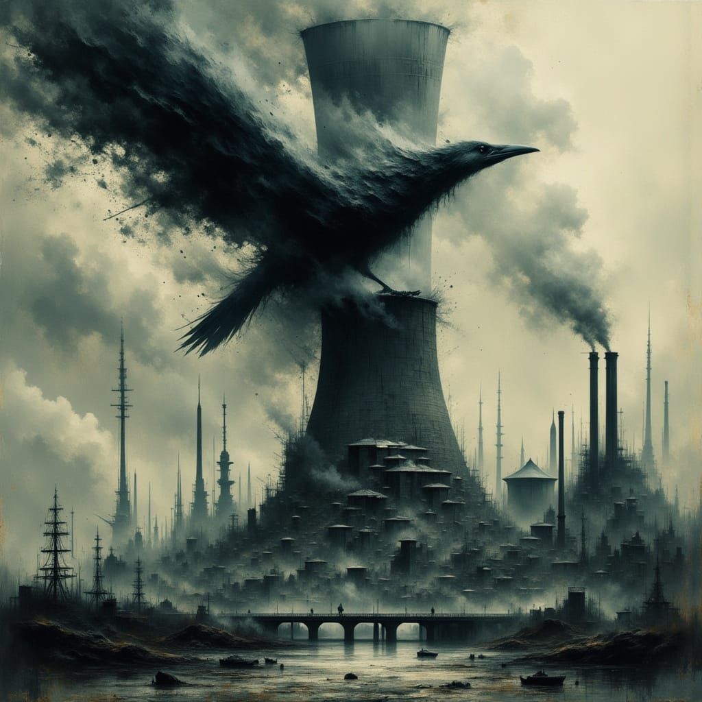 Smokey Raven Ascends in Gritty Industrial Landscape