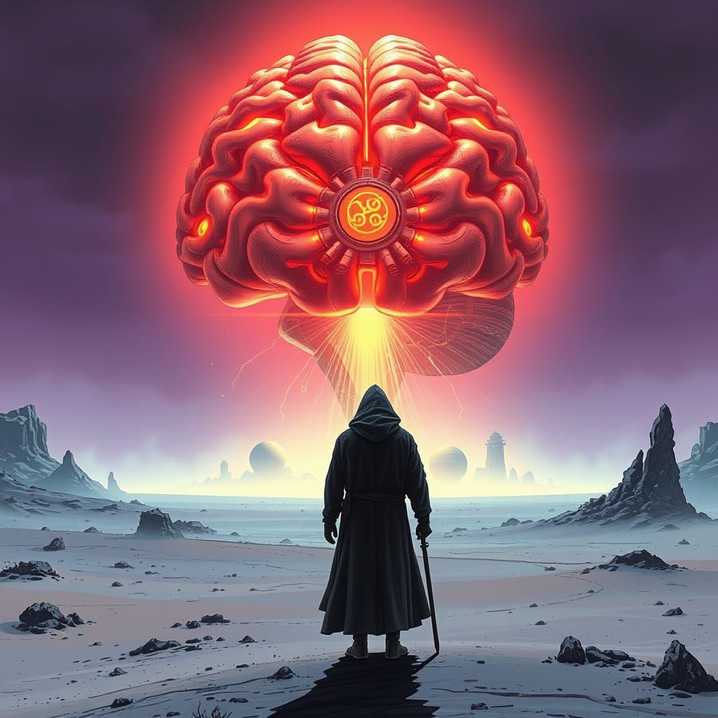 Colossal Brain in Alien Landscape, in Giger Style