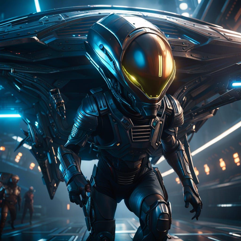 Hyperrealistic Cyberpunk Warrior Escaping Alien Ship