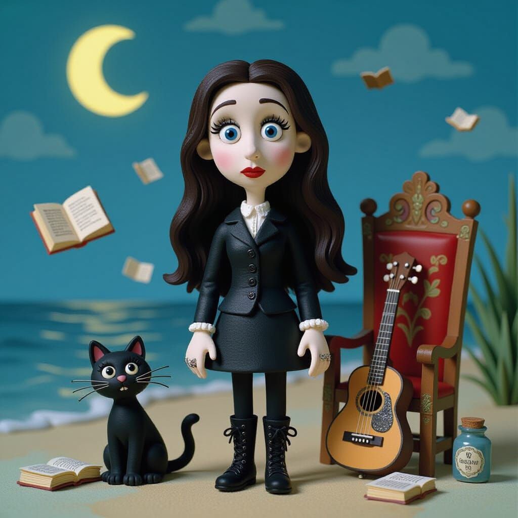 Claymation Girl & Black Cat on Moonlit Beach