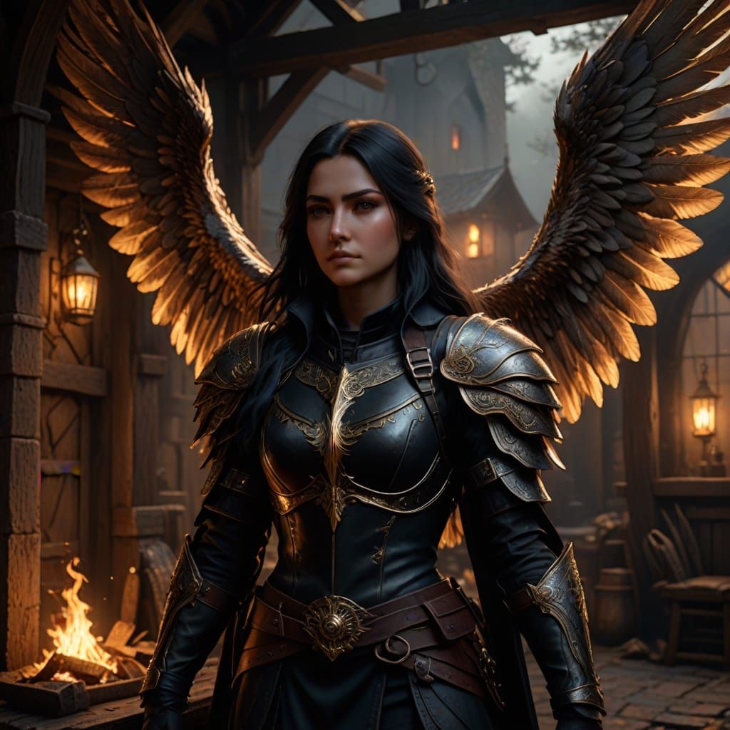 Dark Fantasy Angel Basks in Tavern Hearth's Warmth