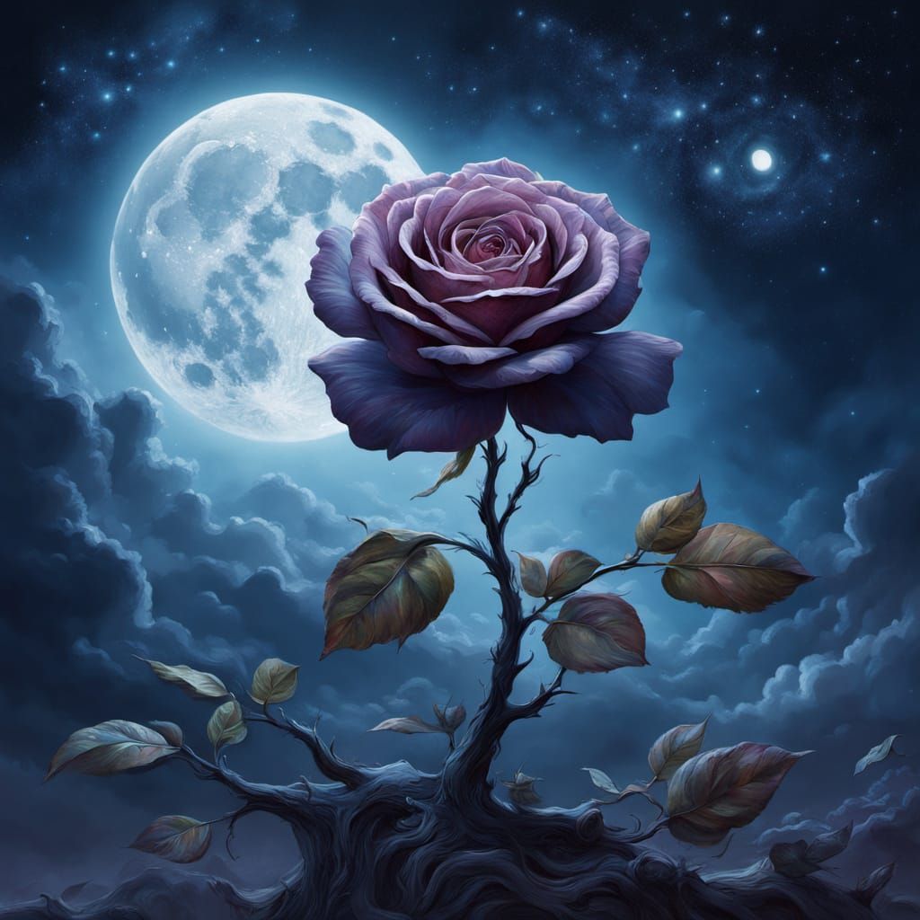 Surrealist Rose Oil Painting Under Cosmic Moonlight