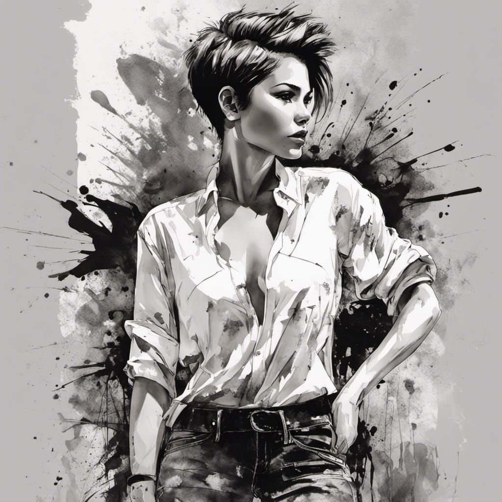 A pen, ink and wash drawing of a beautiul woman.