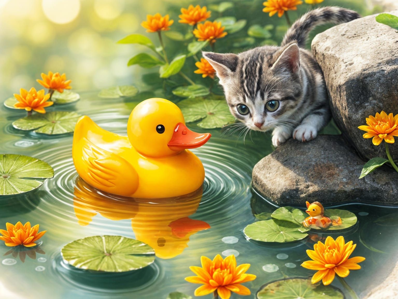 Rubber Duck and Playful Kitten in a Goldfish Pond
