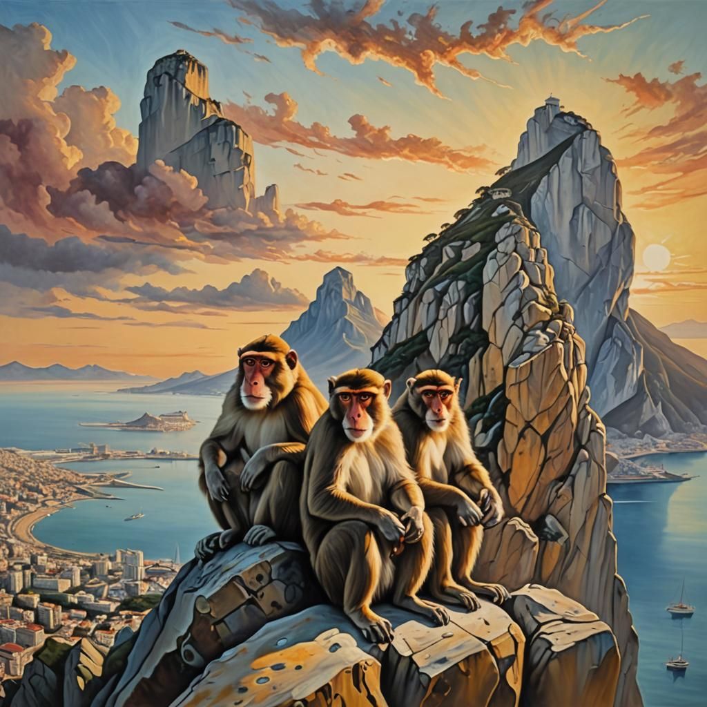 Gibraltar Sunset with Macaques in a Surreal Style