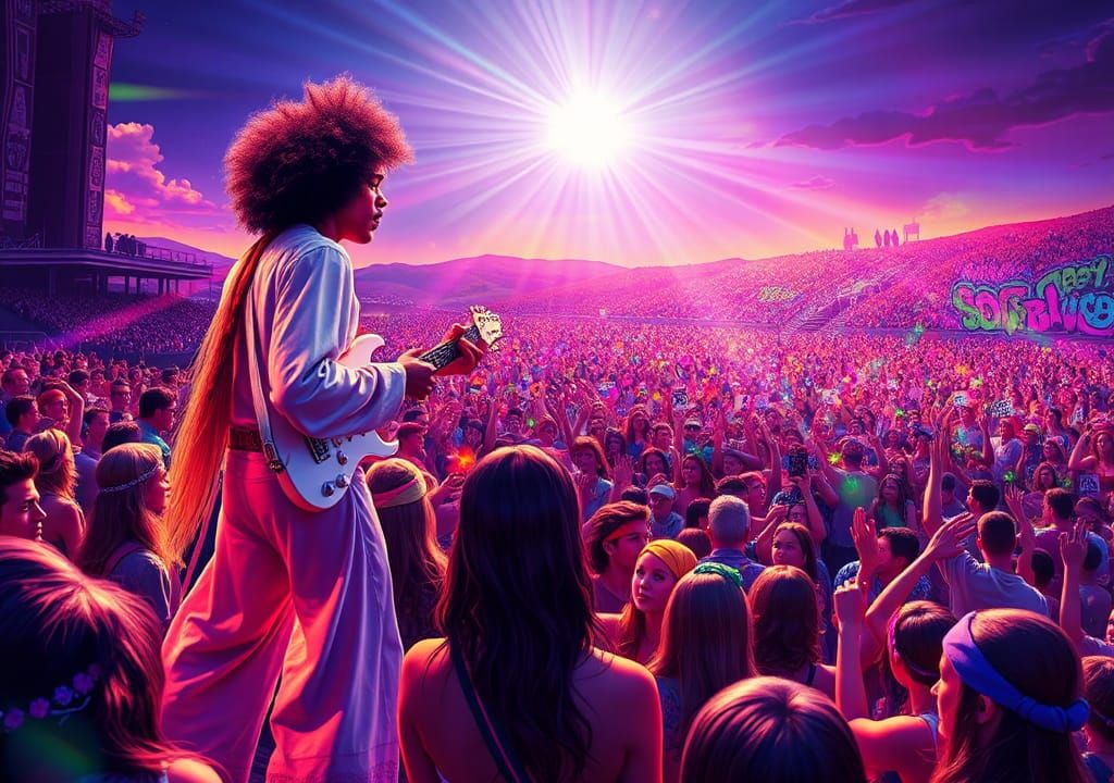 Psychedelic Woodstock Concert in Vibrant Hues