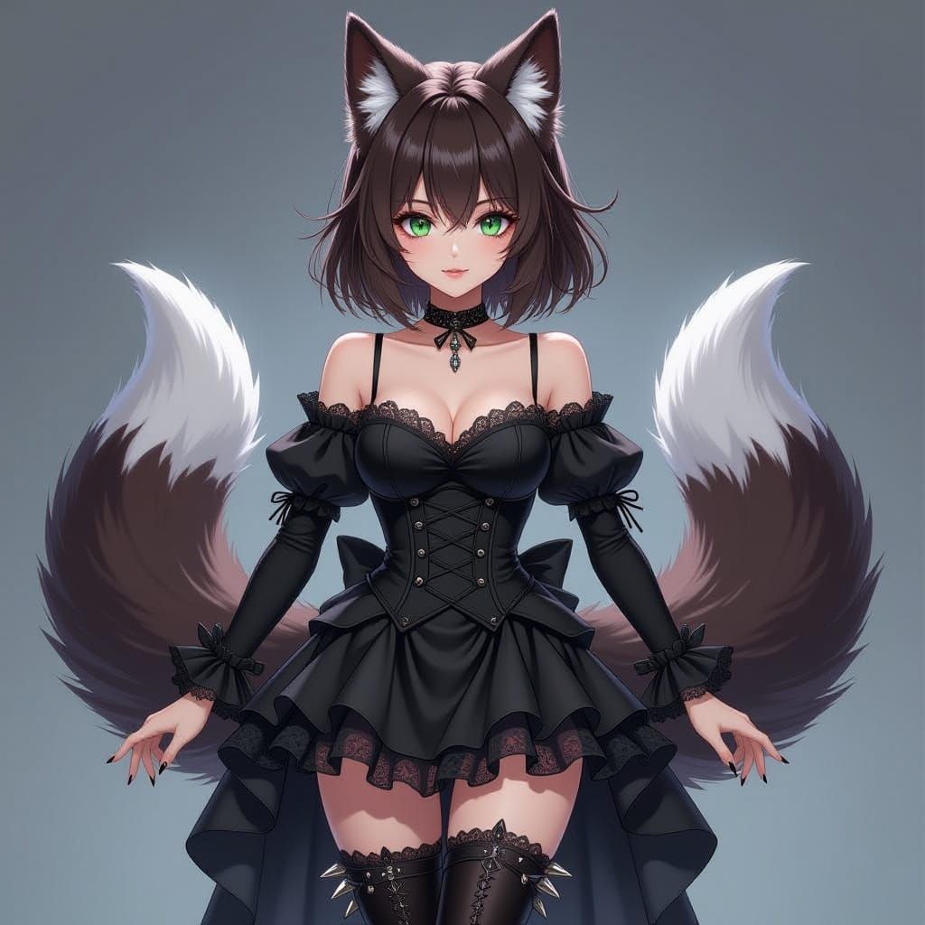 Anime Girl with Wolf Ears and Tails Gothic Outfit