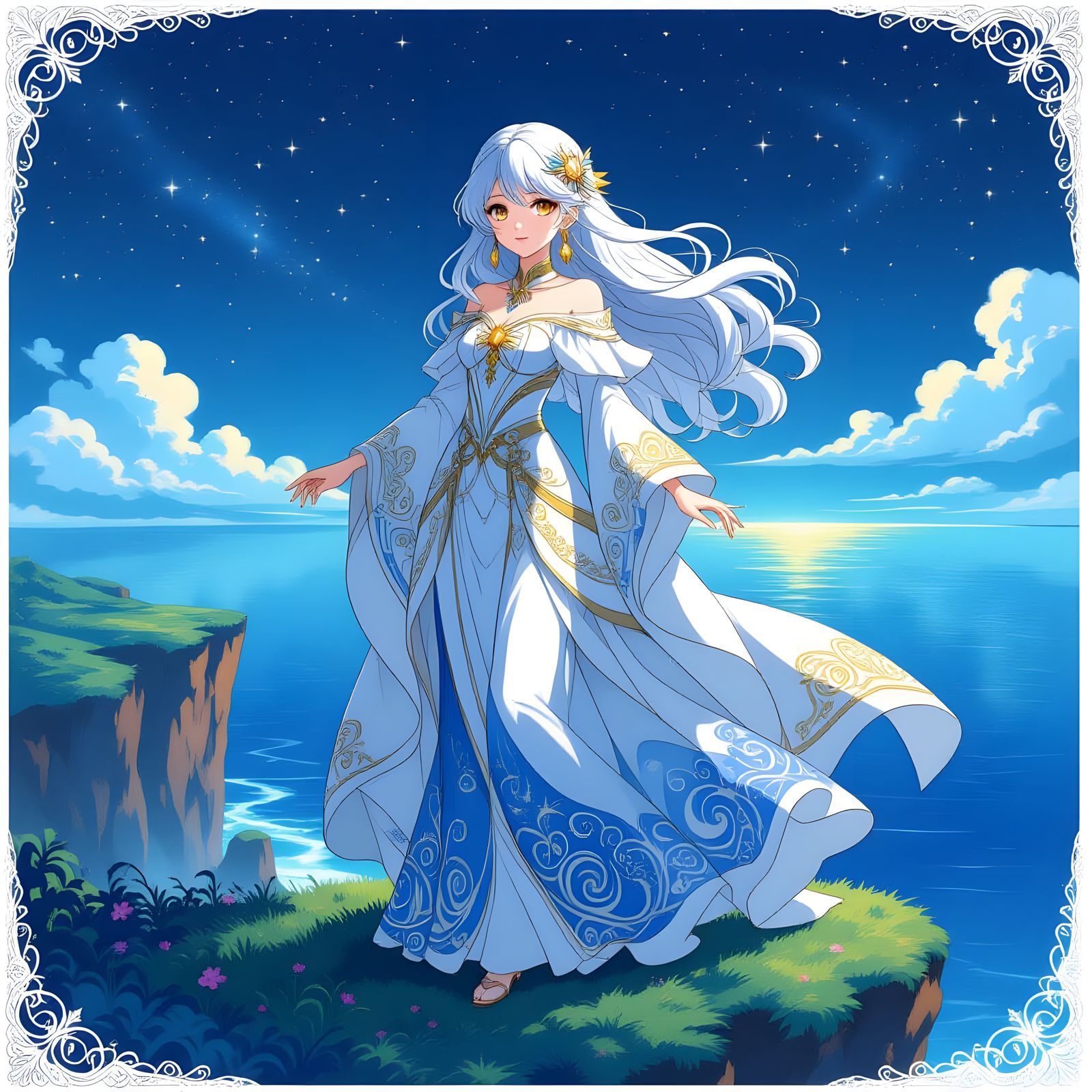 Anime Heroine Overlooking Starlit Ocean in Art Nouveau Style