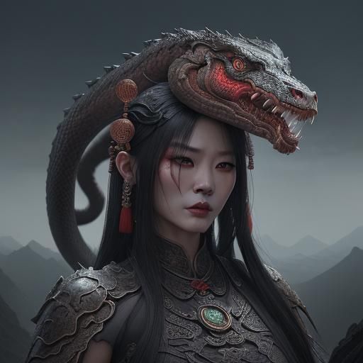 Creepy Chinese Snake Demon in Landscape