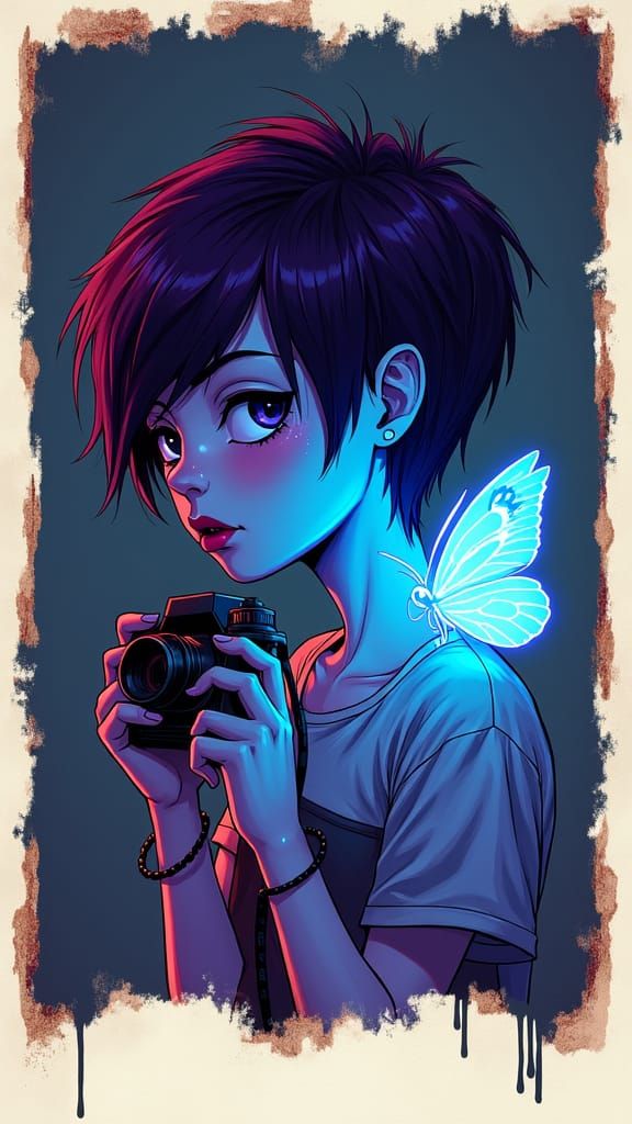 Girl with Bioluminescent Wings and Polaroid Camera