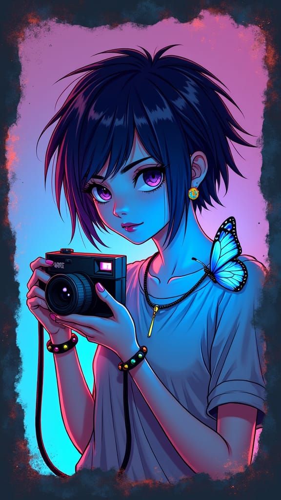 Girl with Bioluminescent Wings and Polaroid Camera