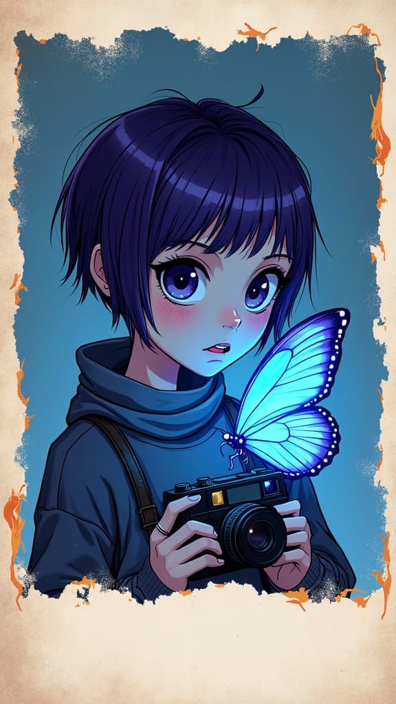 Girl with Bioluminescent Wings and Polaroid Camera