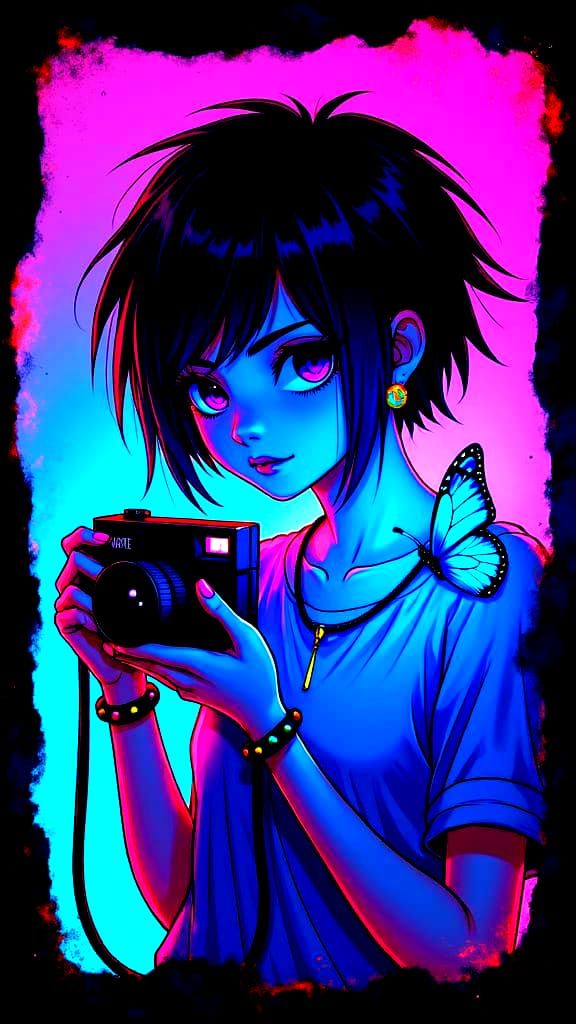 Girl with Bioluminescent Wings and Polaroid Camera