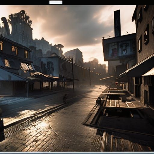 Chaotic Cityscape in 3D Game Cinematic Style