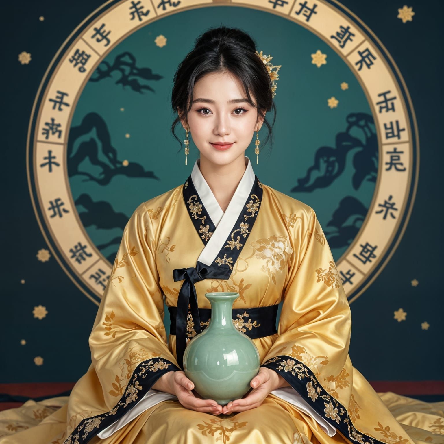 Korean Woman in Gold Hanbok Holding Jade Vase