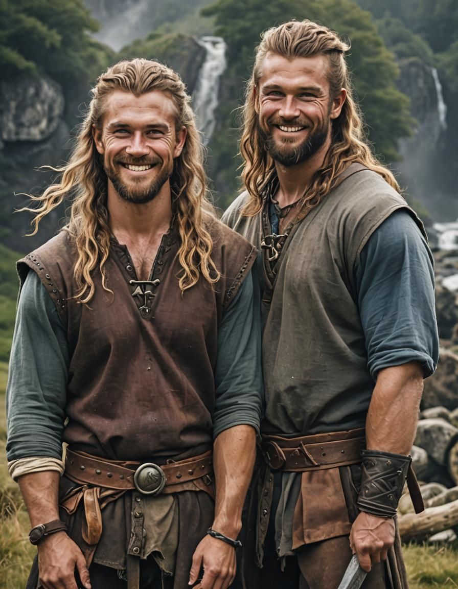 Two handsome Vikings in the forest