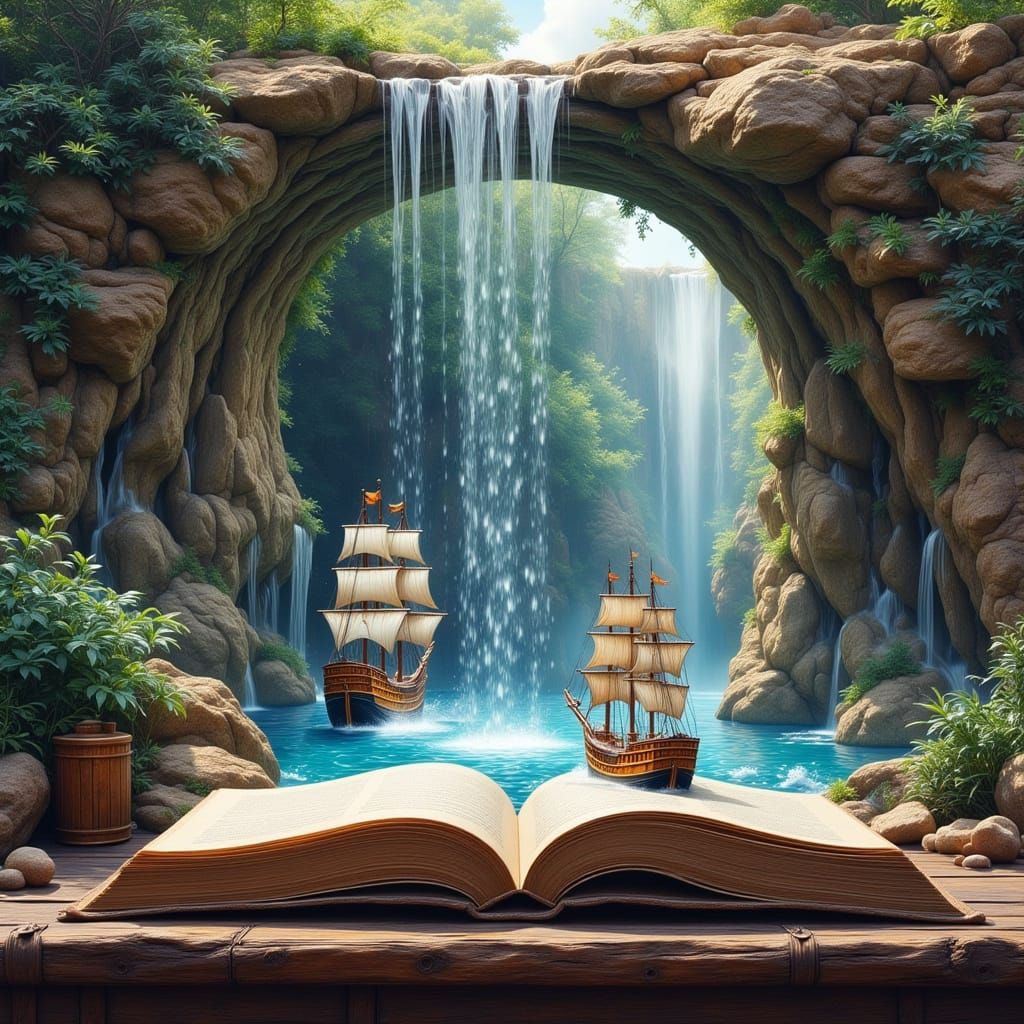 Watercolor Whispers: A Book Surrounded by Schooners in a Dre...